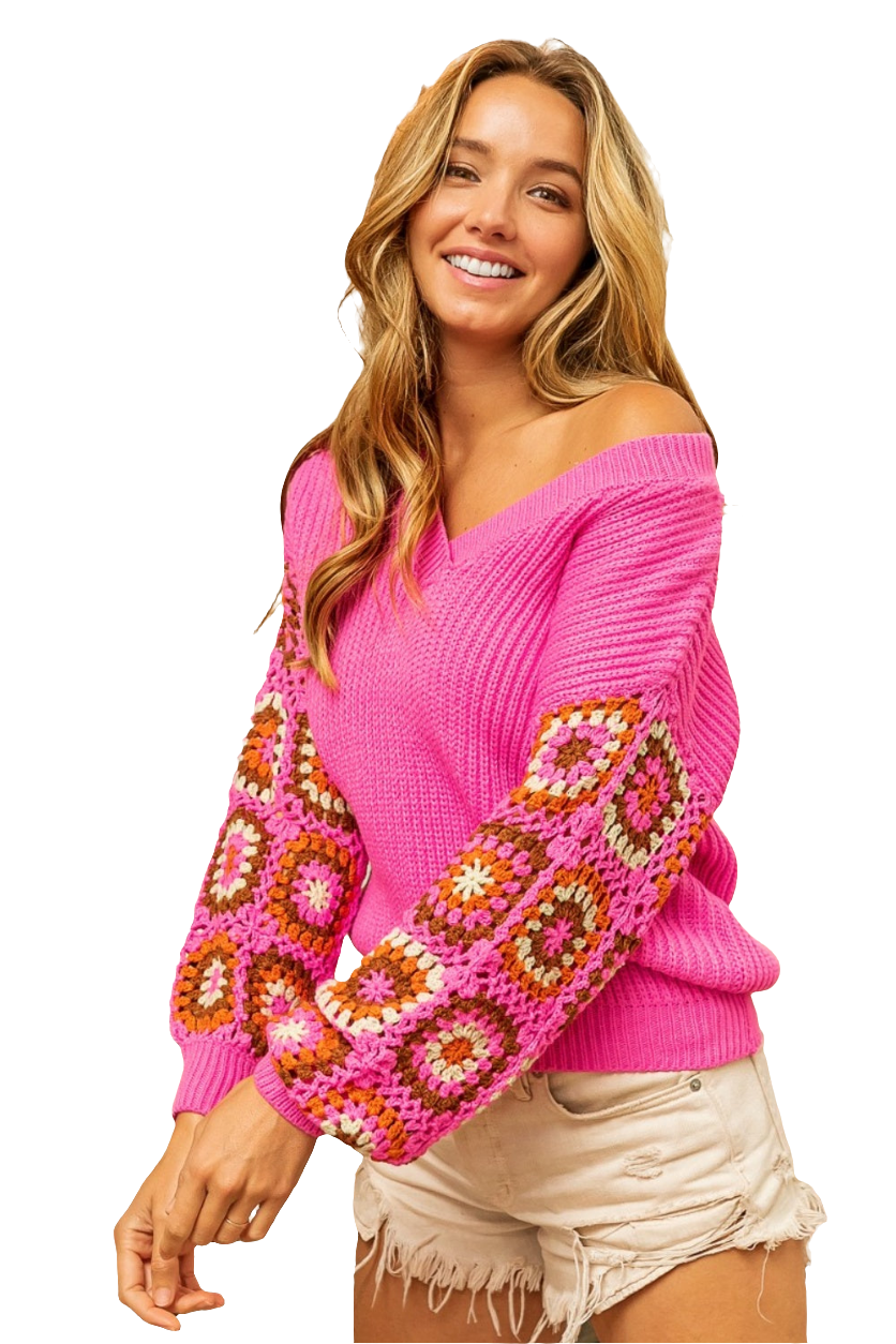 BiBi Crochet Granny Square Top Pullover Sweater Rib Knit Long Sleeve V-neck Shirt