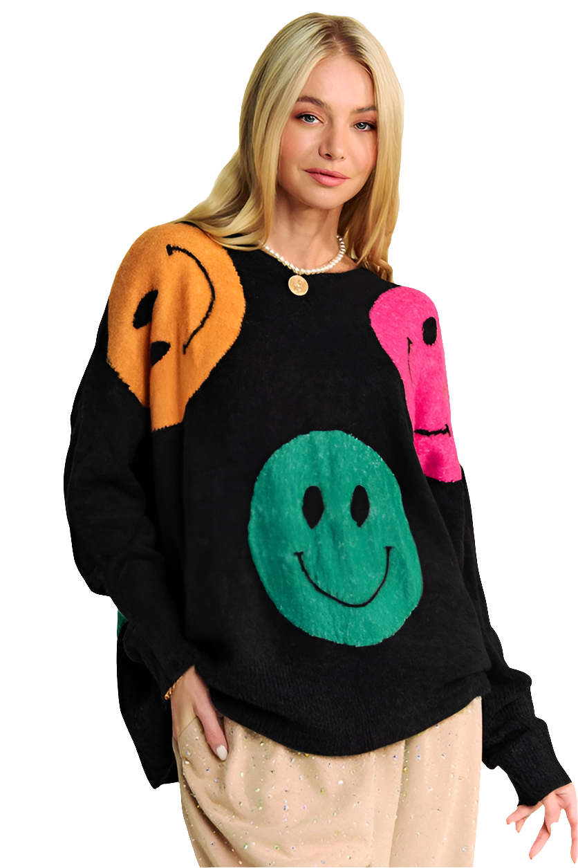 DAVI & DANI Knit Smiley Face Contrast Long Sleeve Oversized Pullover Sweater Top