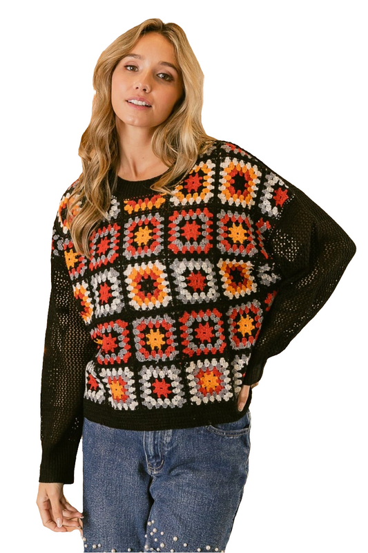 BiBi Crochet Patchwork Top Granny Square Open Knit Pullover Long Sleeve Shirt