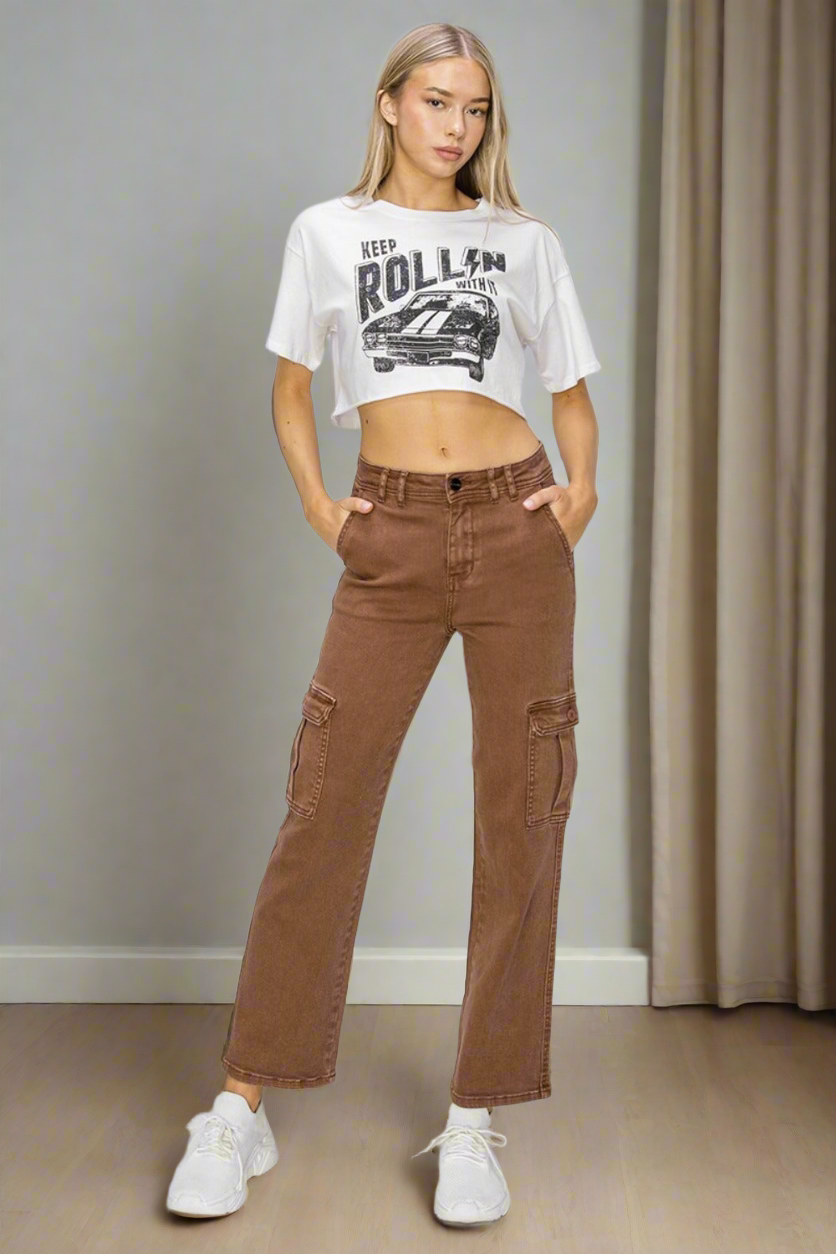 RISEN Cargo High-Rise 90s Retro Denim Wide Leg Boyfriend Fit Utility Jean Pants