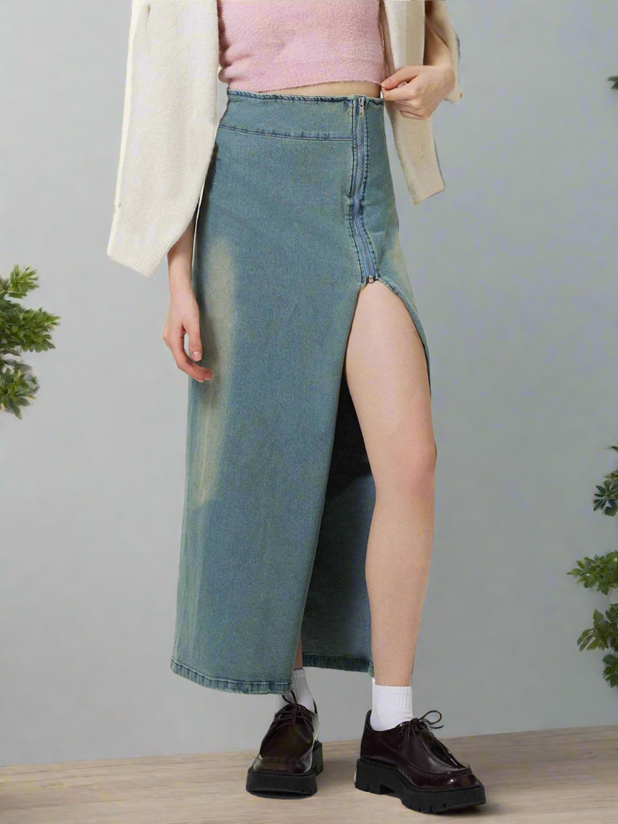 Zipper High-Rise Asymmetrical Cutout Slit Bent Seam Denim Retro Jean Midi Skirt