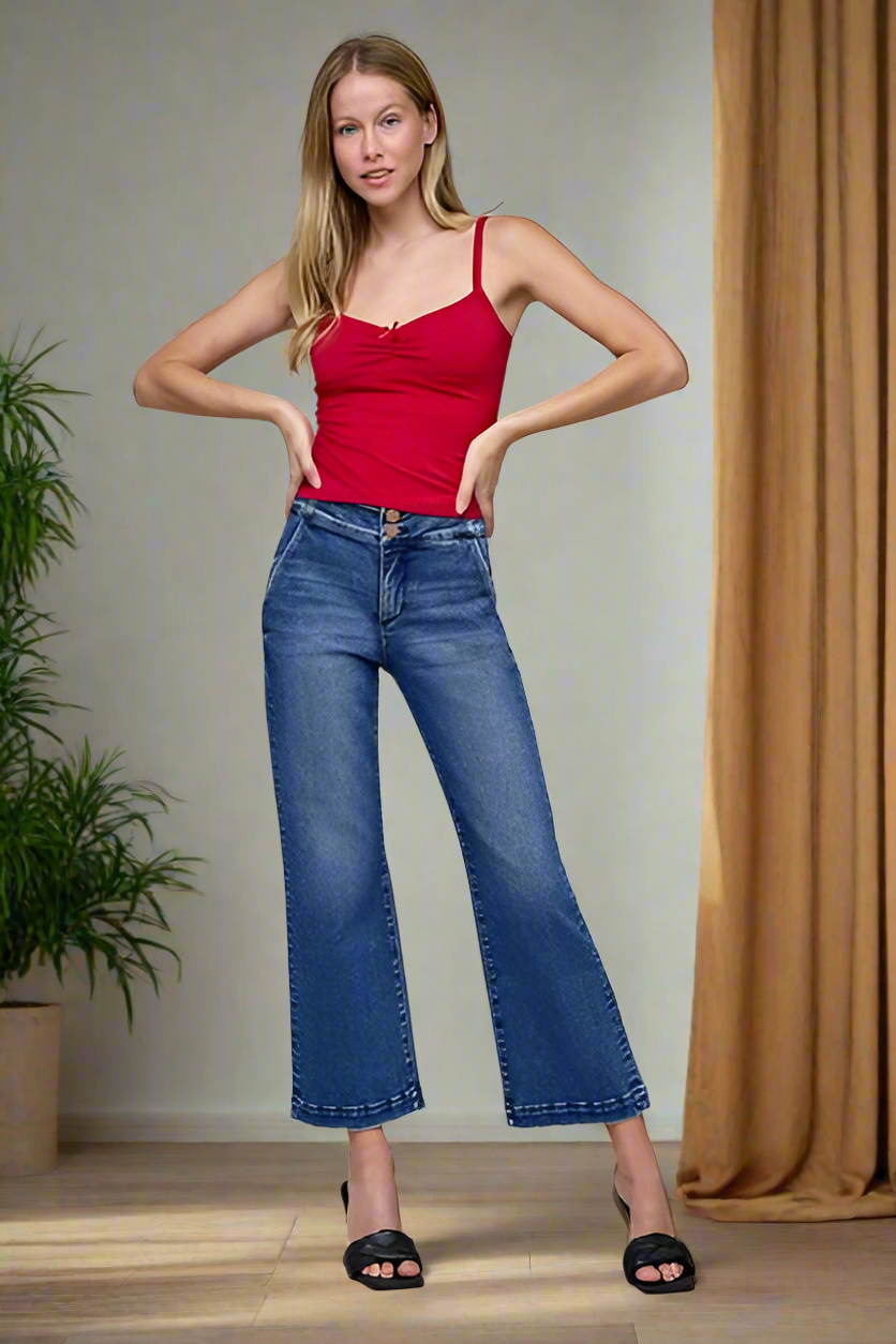 RISEN Tummy Control High-Rise Double Button Jeans Cropped Flare Denim Pants