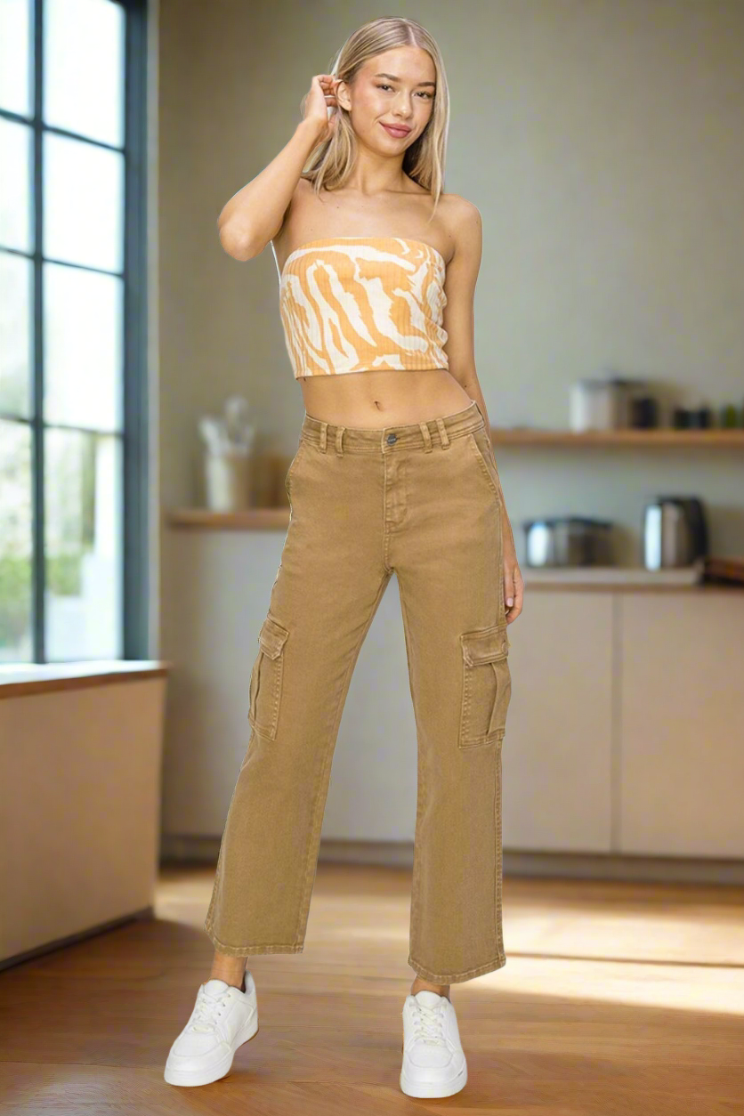 RISEN Cargo High-Rise Waist Denim Classic Straight Leg Utility Jean Pants