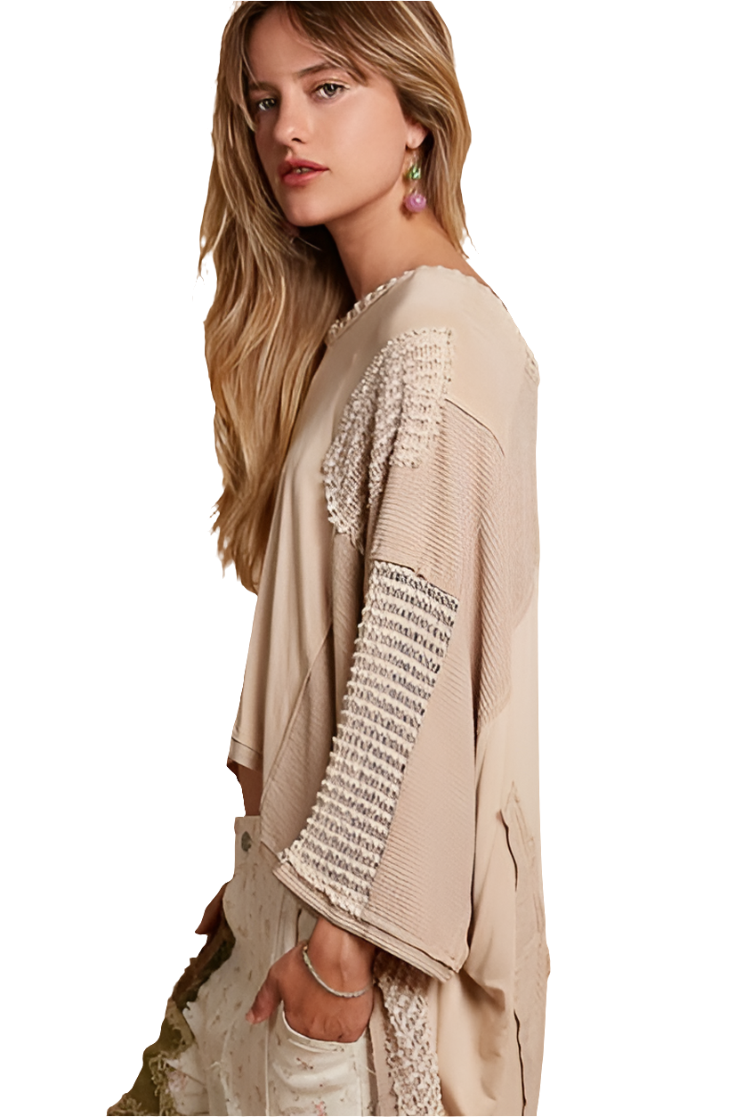 POL Lace Waffle Knit Patchwork Retro High-Low Top Oversized Boho Shirt Latte Tan