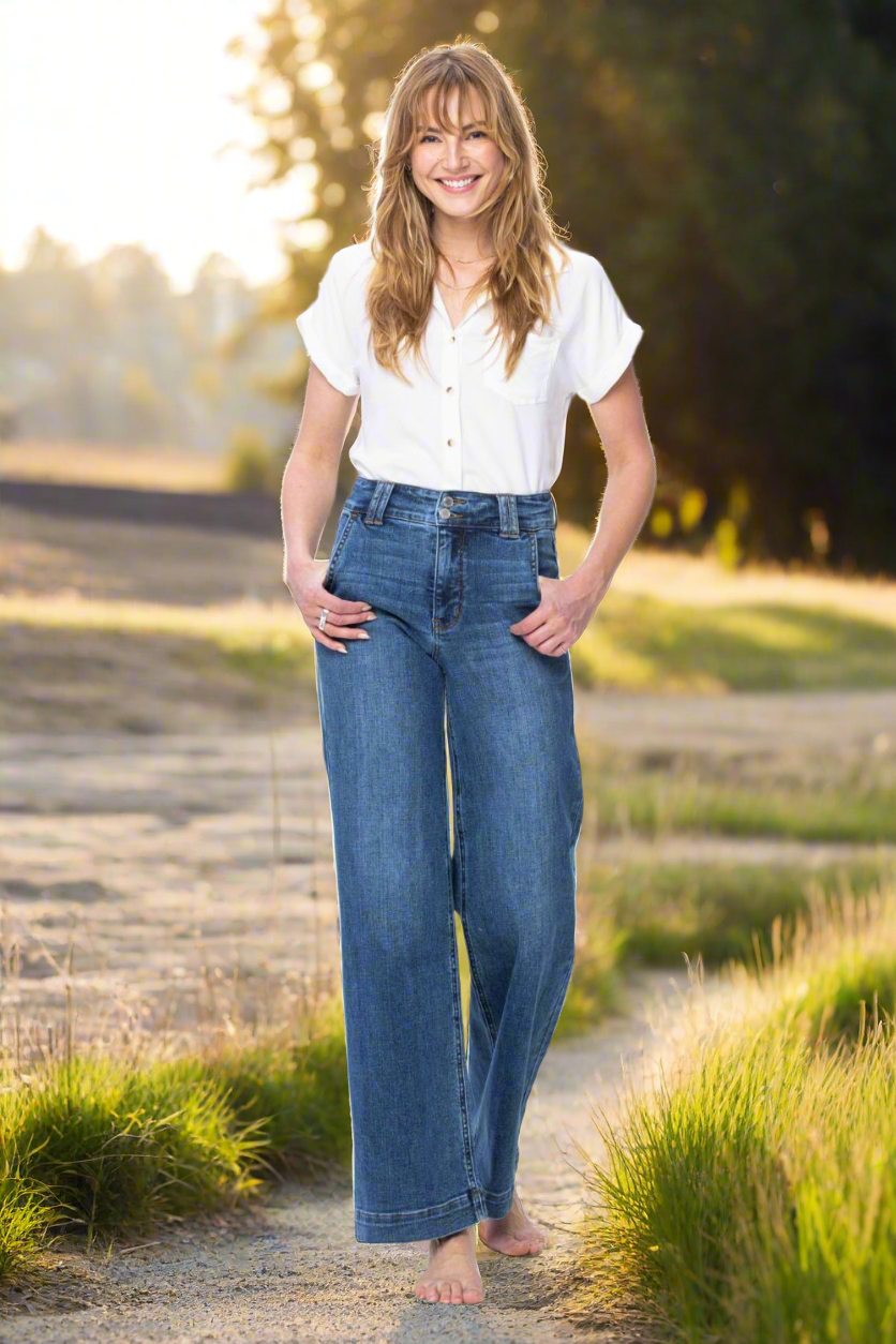 Judy Blue High-Rise Boyfriend Jeans Double Button Relaxed Wide Leg Denim Pants