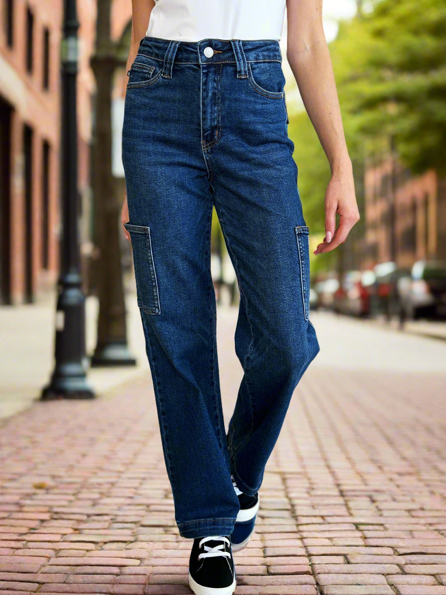 High-Rise Waist Cargo Denim Boyfriend Straight Leg Jean Pants Judy Blue