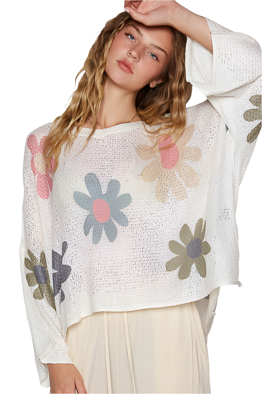 POL Daisy Colorful Retro Contrast Flower Top Oversized Shirt Pullover Knit Sweater