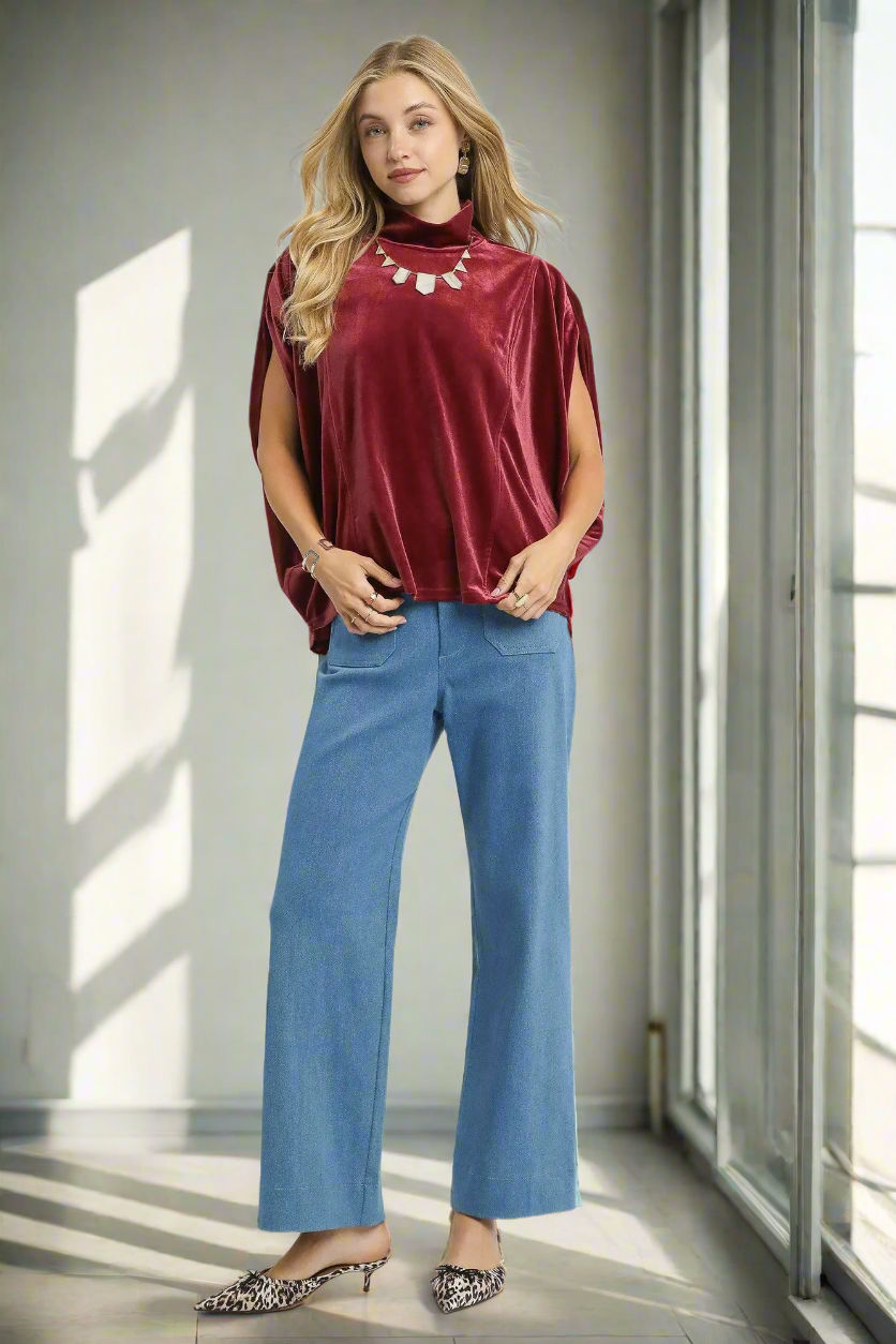 Umgee Crushed Velvet 70s Mock Neck Retro Shirt Oversized Top Sleeveless Blouse Rosewood