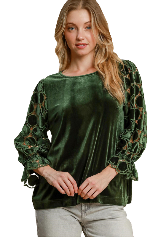 Umgee Lace Velvet Retro Top Sheer Polka-dot Ruffle Long Sleeve Shirt Boho Blouse