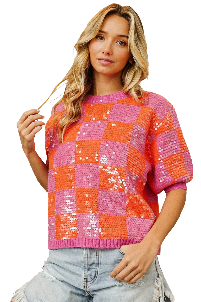 BiBi Sequin Knit Sweater Bright Checkered Top Sparkling Half Sleeve Retro Glam Shirt