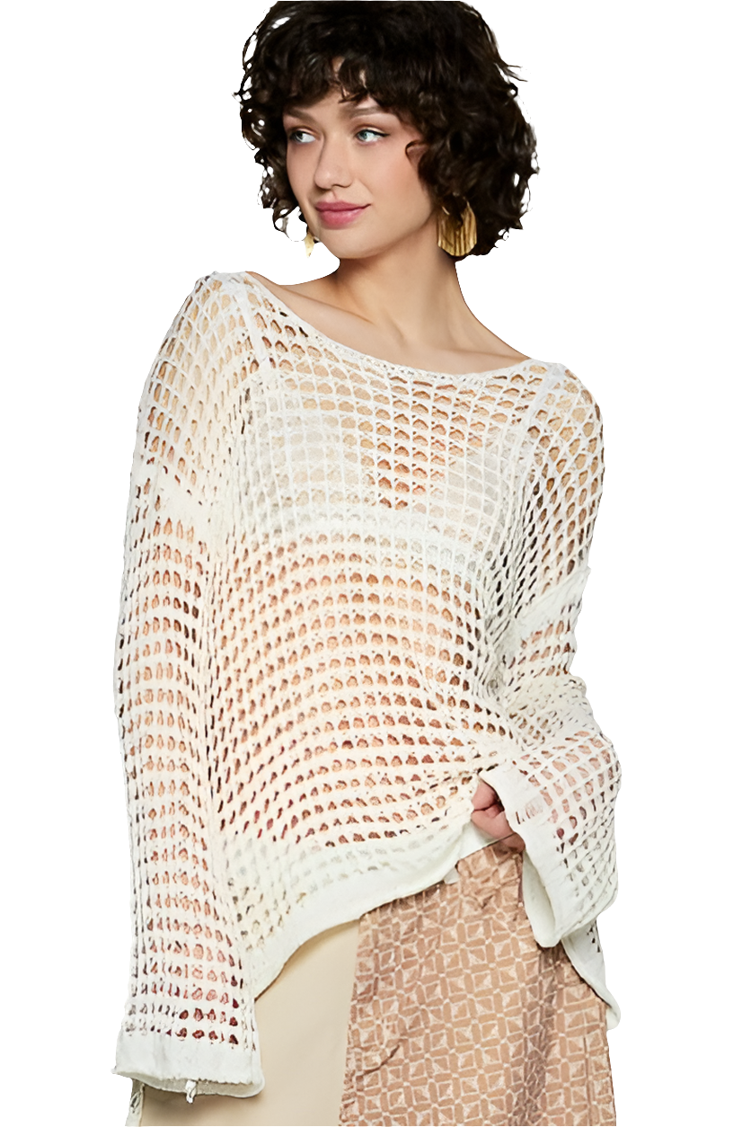 POL Openwork Crochet Knit Retro Flare Bell Sleeve Top Oversized Boho Hippy Shirt Cream