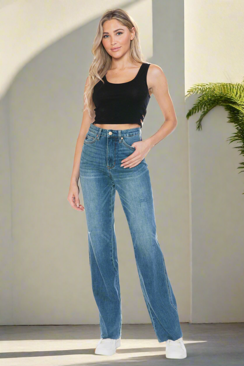 Judy Blue Tummy Control High-Rise Boyfriend Jeans Straight Leg Raw Denim Pants