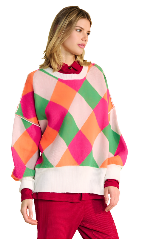 DAVI & DANI Retro Neon Diamond Stripe Long Sleeve Oversized Pullover Sweater Top