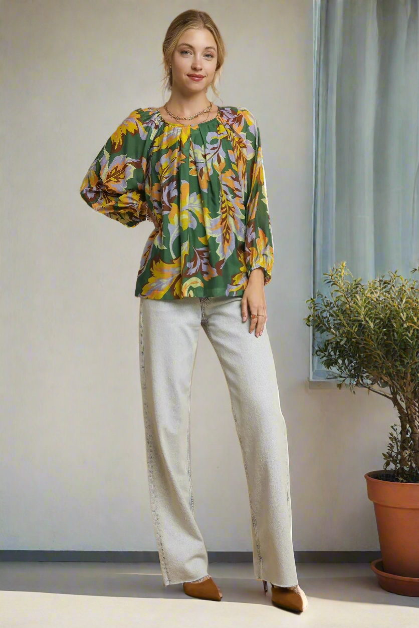 Umgee Abstract Botanical Shirt Pleated Neck Retro 70's Top Long Balloon Sleeve Blouse