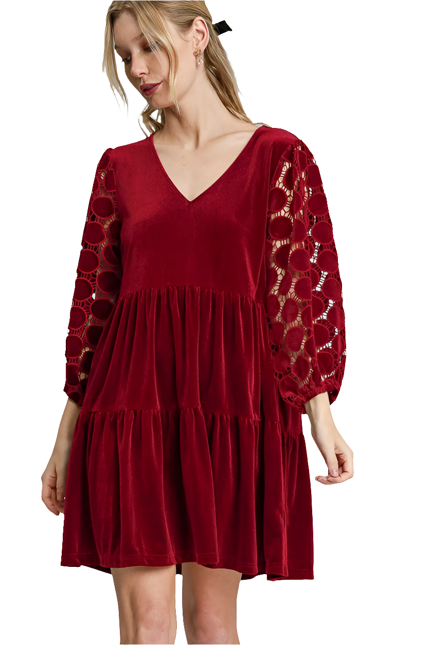Umgee Lace Velvet Sheer Polka-dot Boho Babydoll Ruffle Long Sleeve Mini Dress Burgundy / S Umgee Lace Velvet Sheer Polka-dot Boho Babydoll Ruffle Long Sleeve Mini Dress Burgundy / S