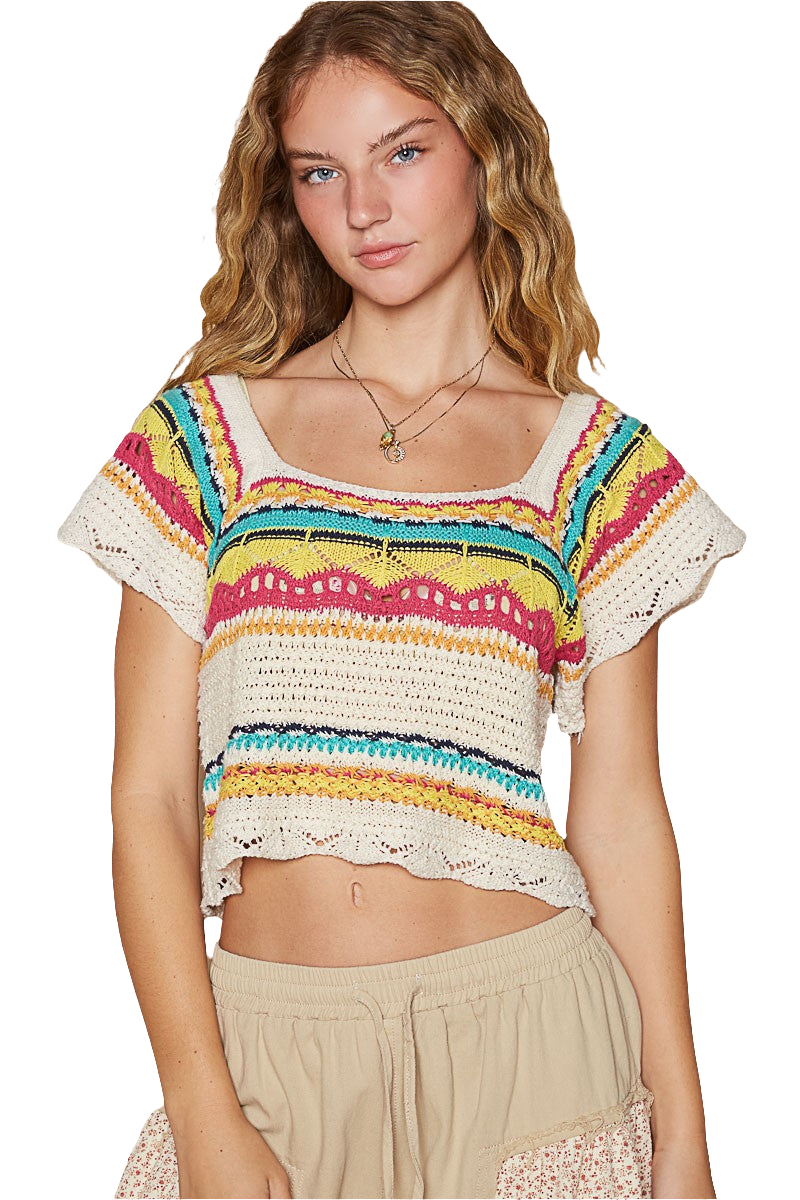 POL Crochet Openwork Bohemian Short Sleeve Crop Top Colorful Granny Knit Shirt Cream