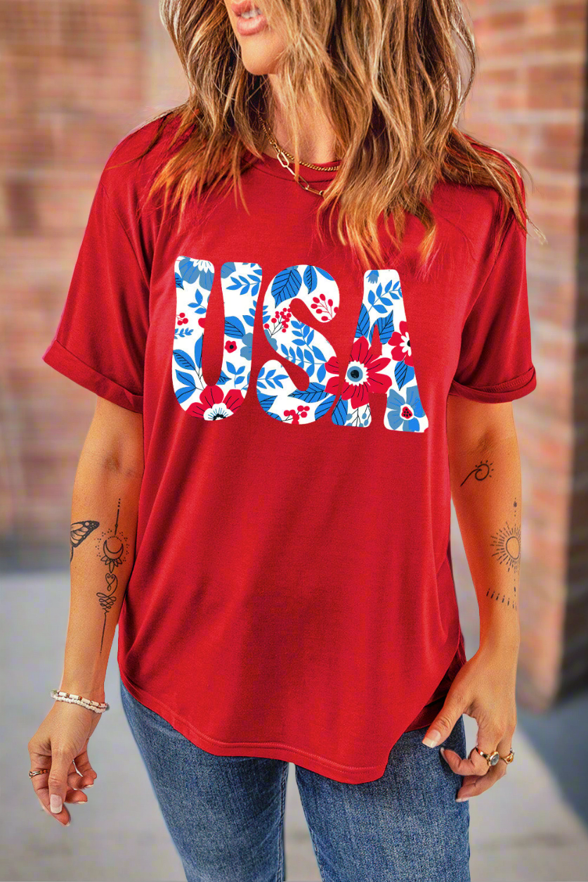 USA American Graphic Shirt Floral Patriotic Womens Top Lightweight Short Sleeve