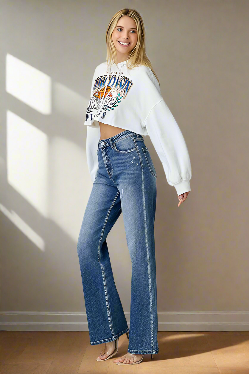 RISEN High-Rise Waist Straight Leg Mom Jeans Relaxed Fit Distressed Denim Pants