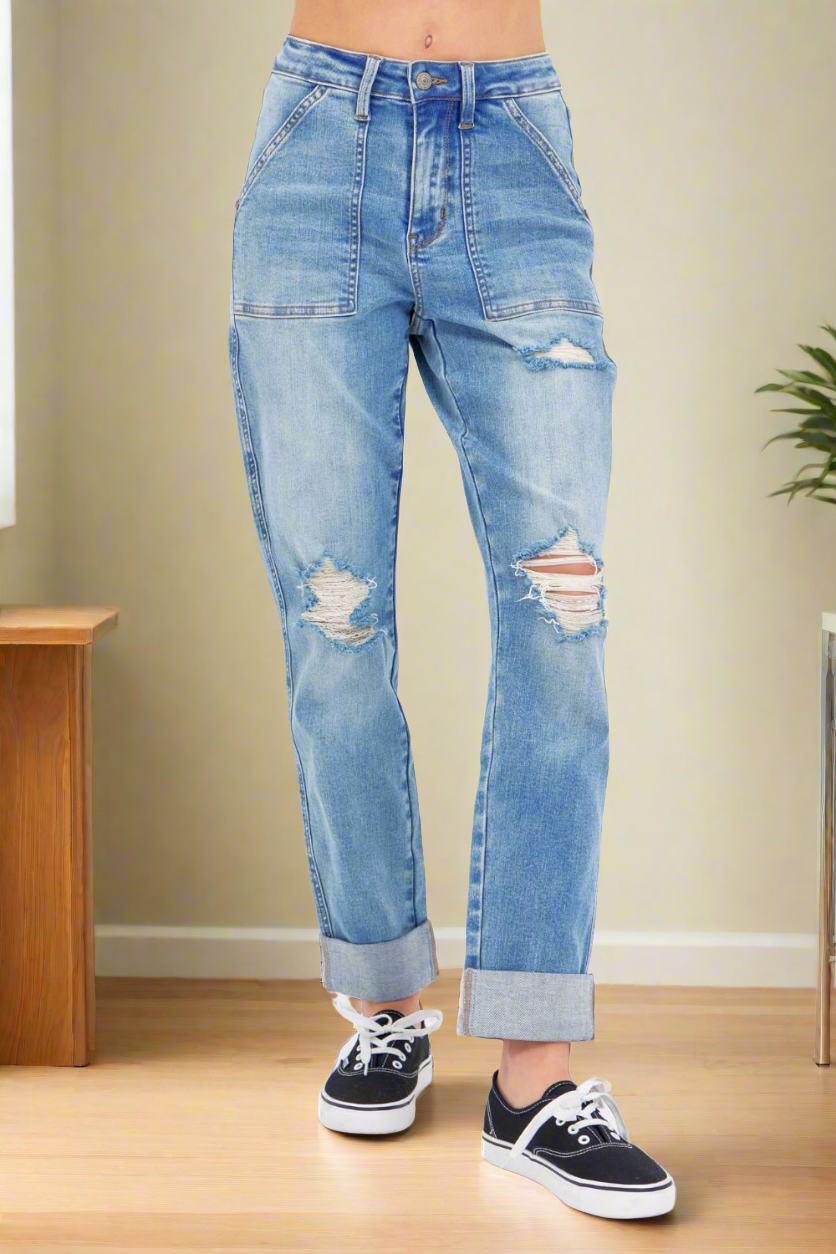 Judy Blue Distressed High-Rise Retro 90s Mom Jeans Torn Straight Leg Cuffed Denim Pants