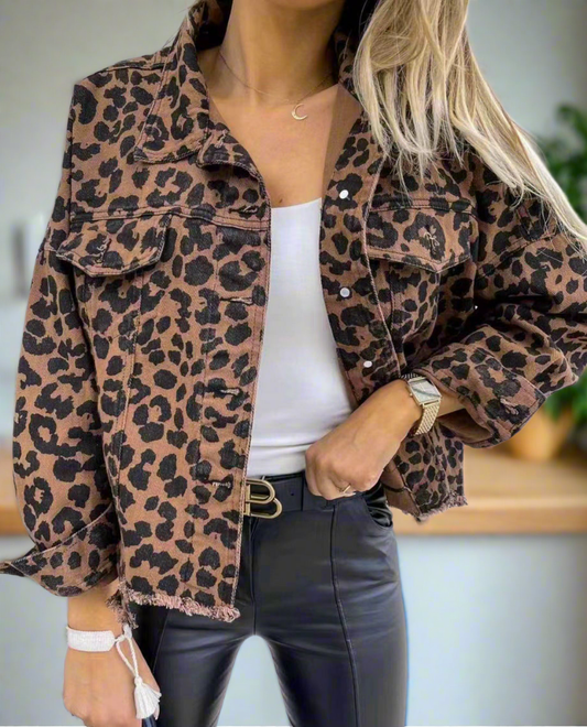 Leopard Print Denim Distressed Jean Jacket Button-Up Classic Collar Mobwife Glam