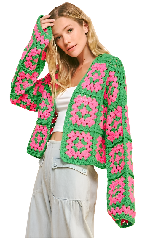 DAVI & DANI Crochet Granny Square Knit Floral Contrasting Open Sweater Cardigan