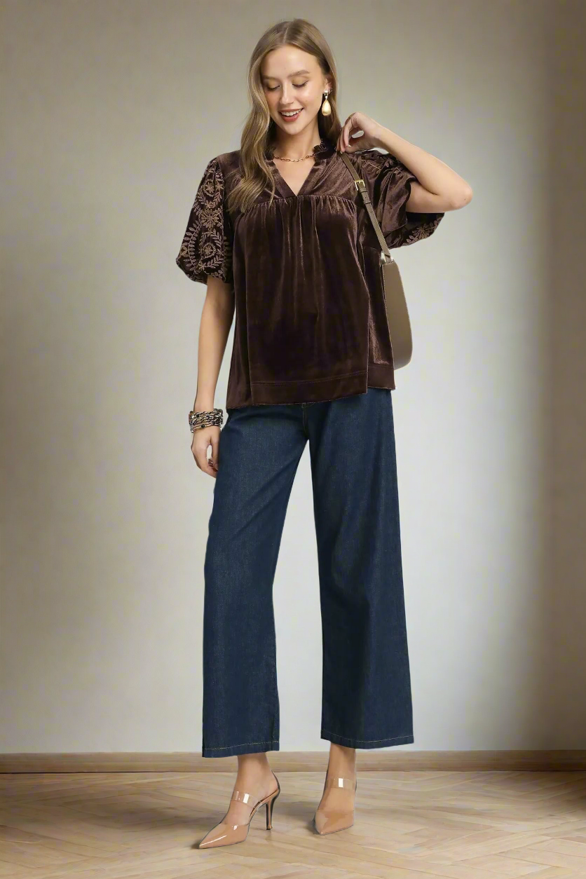 Umgee Velvet Embroidered Floral 70s Retro Babydoll Shirt Top Blouson Sleeve Blouse Plus Size Available