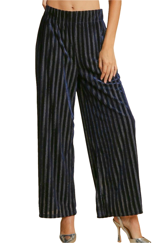 Umgee Velvet High-Rise Retro Pants Wide Leg Boho 70s Metallic Stripe Elastic Waist