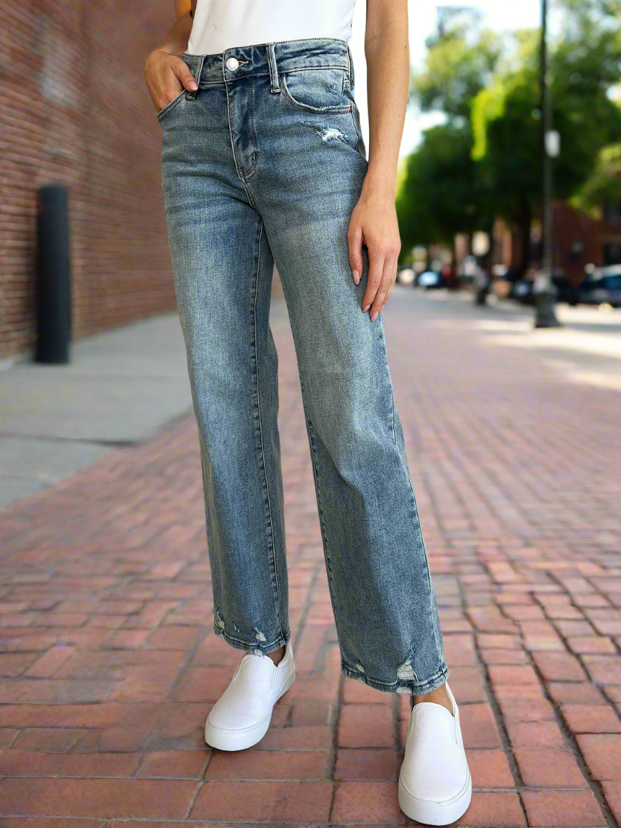 Judy Blue High-Rise Waist Distressed Denim Boyfriend Straight Leg Jean Pants