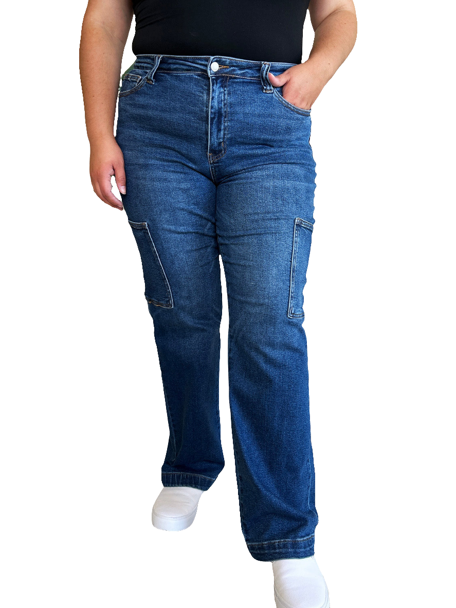 High-Rise Waist Cargo Denim Boyfriend Straight Leg Jean Pants Judy Blue