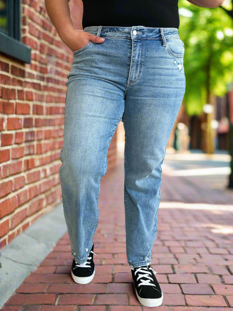 Judy Blue High-Rise Waist Distressed Denim Boyfriend Straight Leg Jean Pants