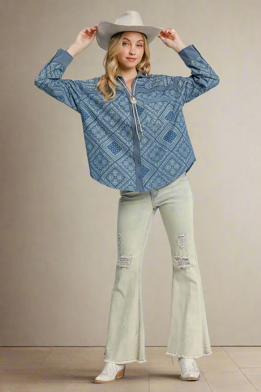 Umgee Denim Shacket Raw Seam Retro Paisley Boho Jean Button Dress Shirt Jacket