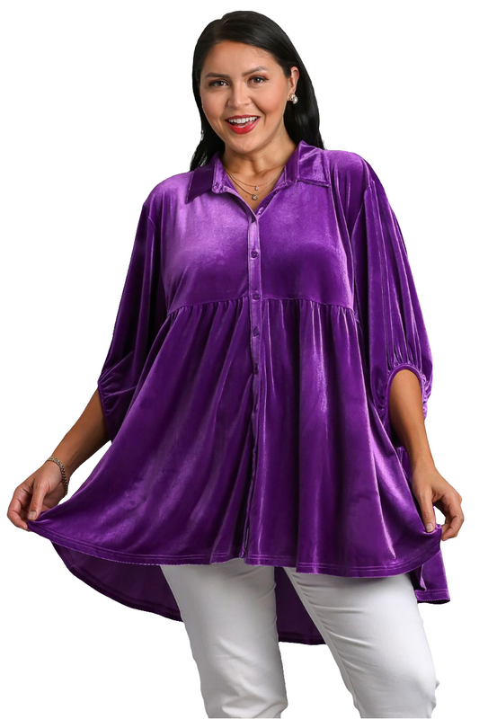 Umgee Velvet Boho Oversized Top Peplum Babydoll Tunic Shirt Tiered Velour Blouse