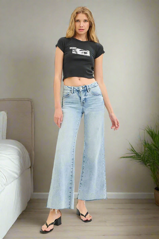 RISEN Low-Rise Tummy Control Waist Wide Leg Pants Cropped Raw Hem Denim Jeans Plus Size Available