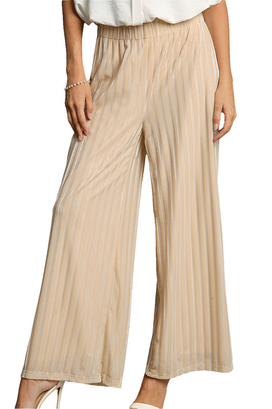 Umgee Velvet High-Rise Retro Pants Wide Leg Boho 70s Metallic Stripe Elastic Waist