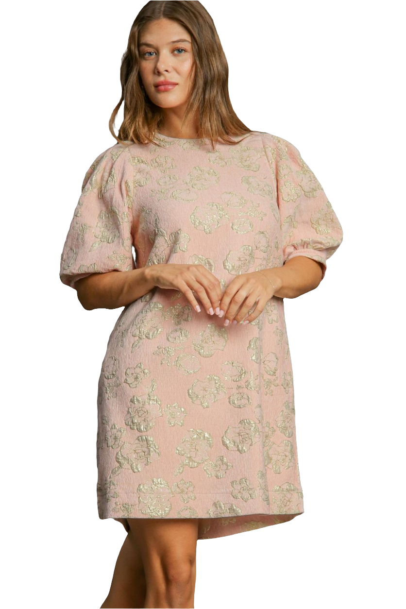Umgee Rose Jacquard Puff Sleeve Sheath Mini Dress Textured Retro Gold Luxury on a Dime Umgee Rose Jacquard Puff Sleeve Sheath Mini Dress Textured Retro Gold Luxury on a Dime