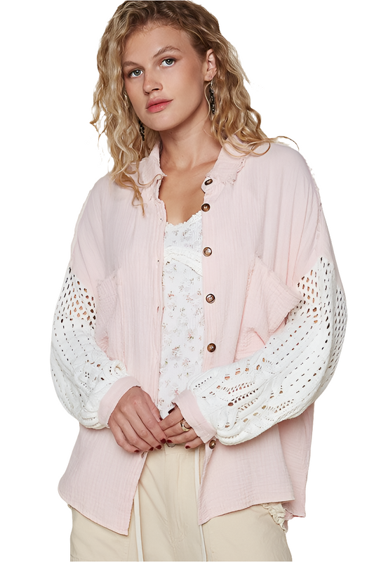 POL Crochet Patchwork Oversized Button-Up Blouse Long Sleeve High-low Gauze Shirt