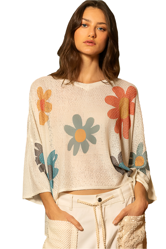 POL Daisy Retro Colorful Contrast Flower Top Oversized Shirt Pullover Knit Sweater