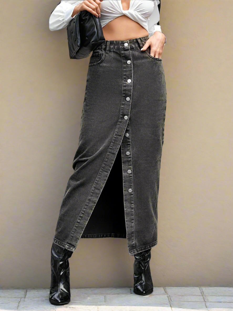 Gray Denim Button-Up Straight Full-Length Long Pencil Jean Maxi Skirt Pockets