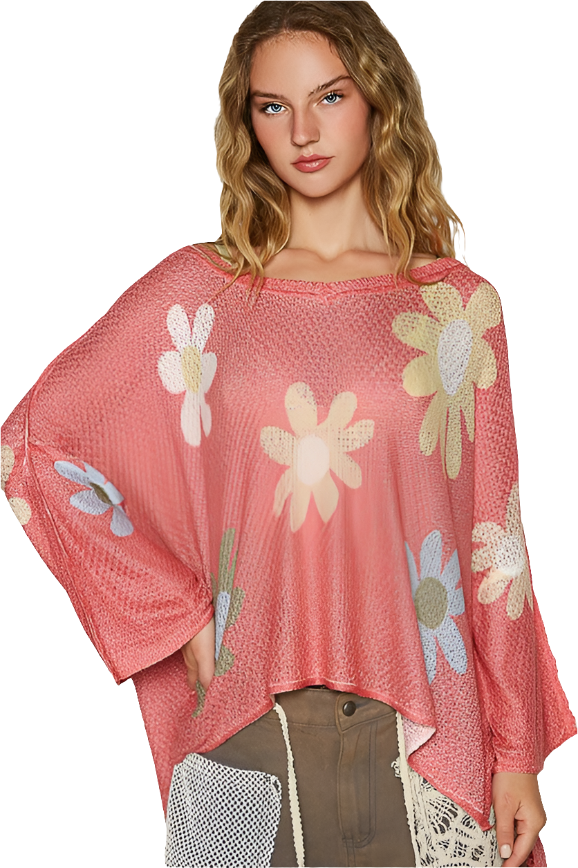 POL Daisy Retro Color Contrast Flower Top Oversized Shirt Pullover Knit Sweater