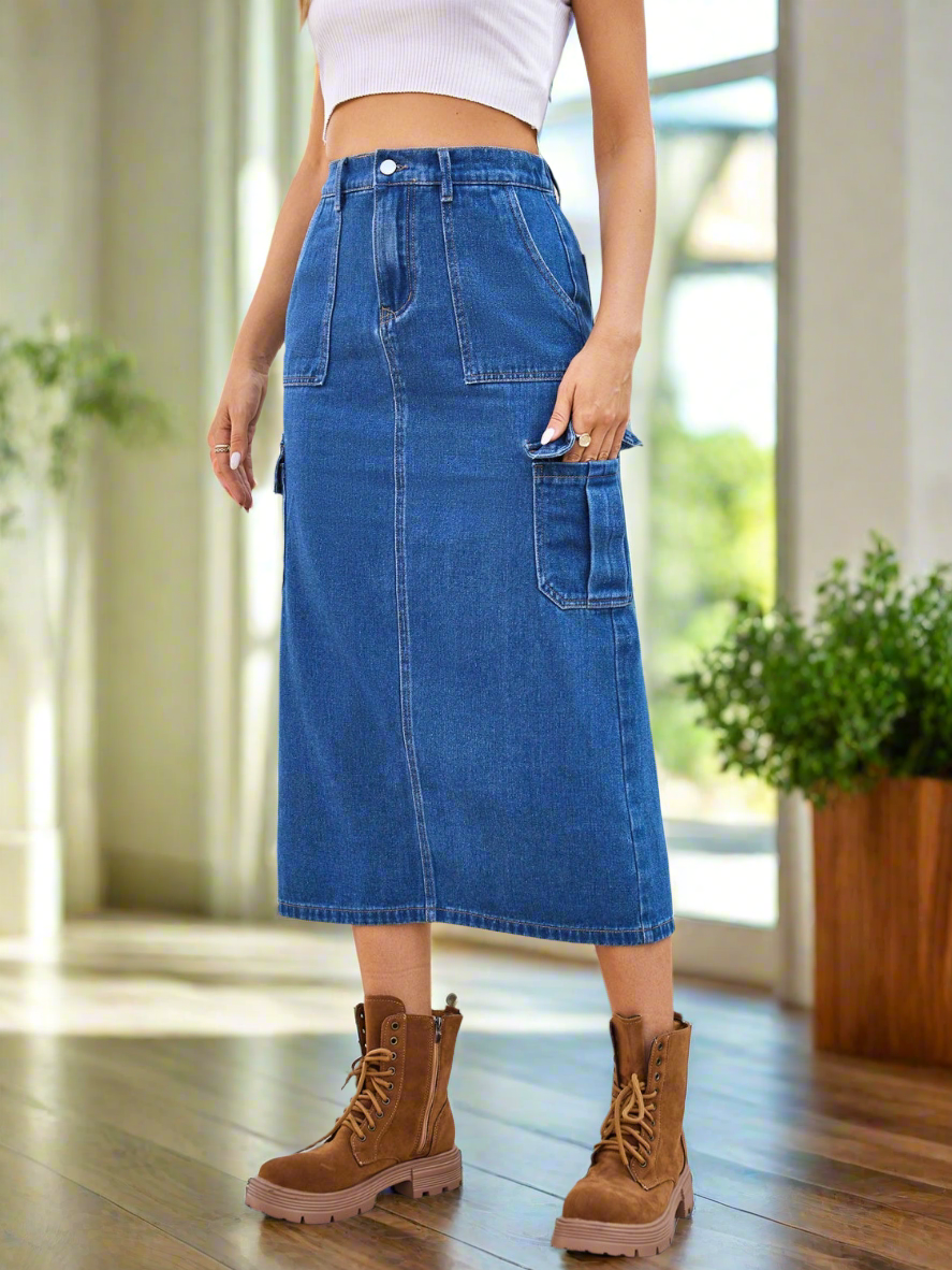 High-Rise Midi Retro Cargo Side Pocket Elastic Waist Denim Blue Jean Back Slit Skirt