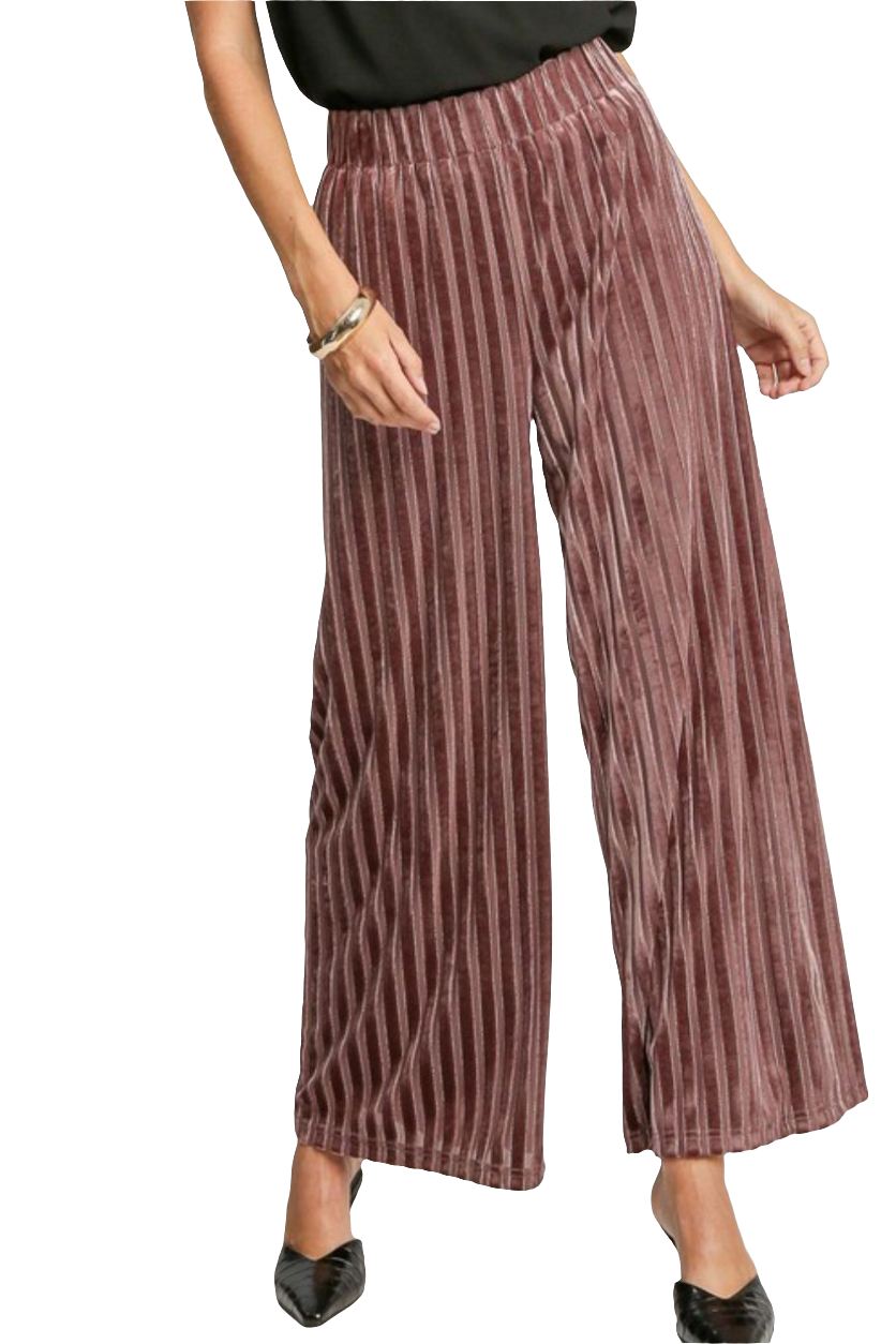 Umgee Velvet High-Rise Retro Pants Wide Leg Boho 70s Metallic Stripe Elastic Waist