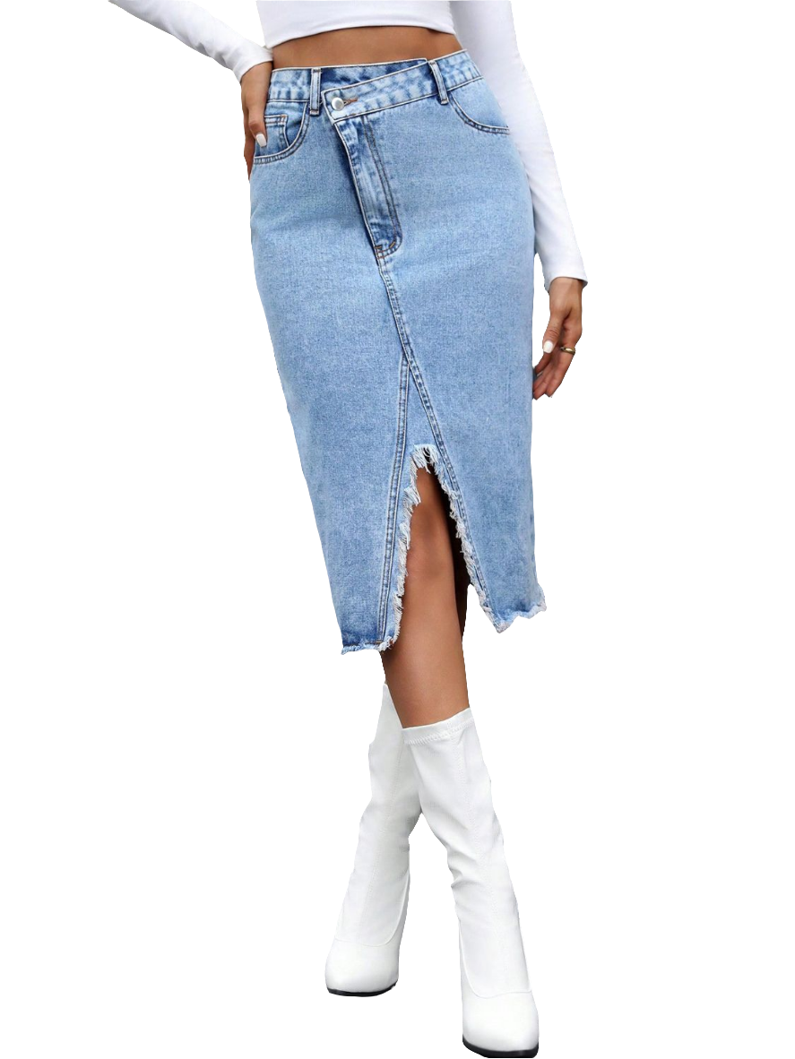 Asymmetrical High-Rise Distressed Cut Denim Frayed Retro Blue Jean Midi Skirt