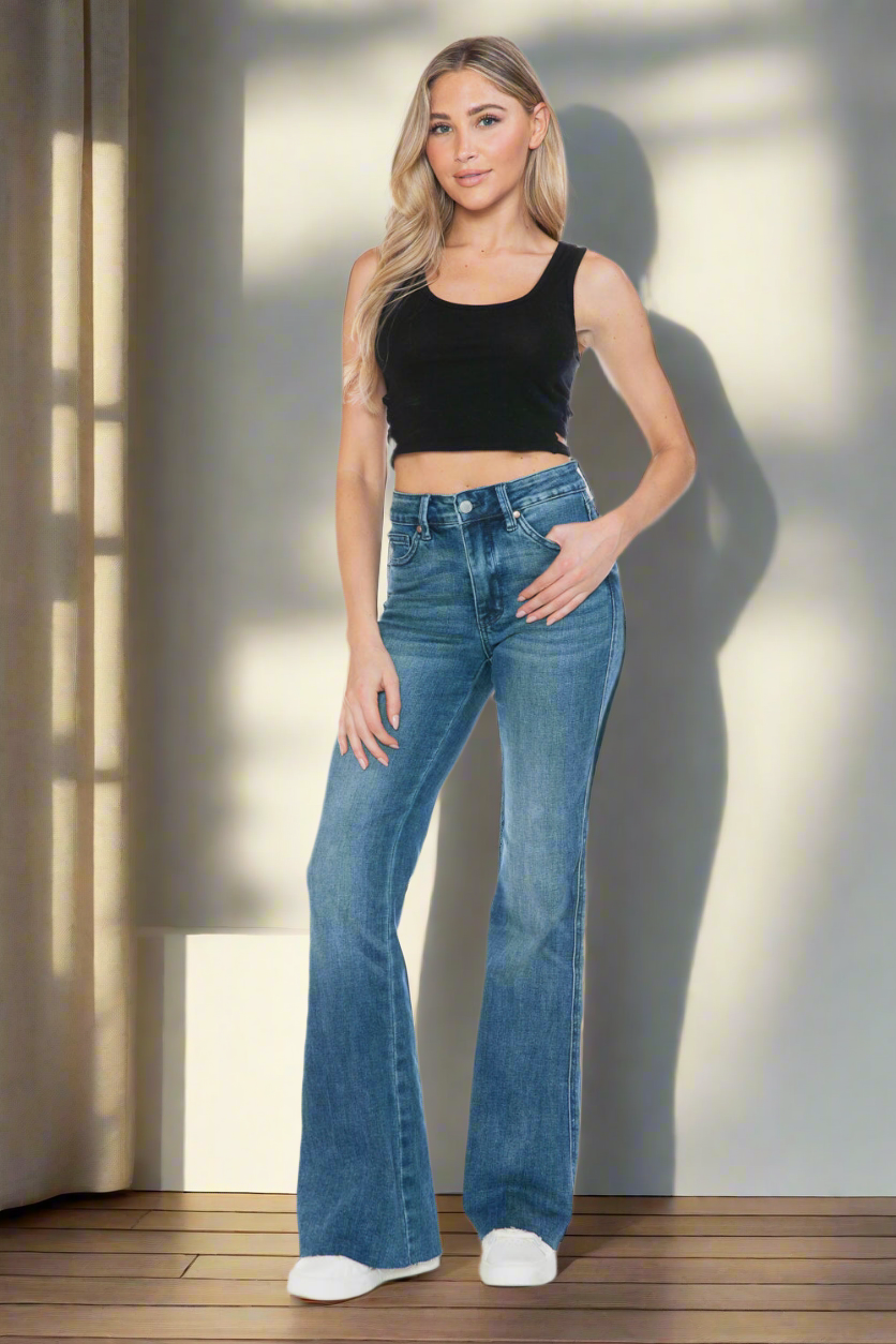 Judy Blue Tummy Control Mid-Rise Jeans Slim Fit Tapered Flare Cut-off Denim Pants