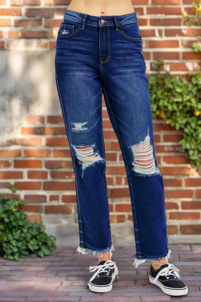 Judy Blue Tummy Control High-Rise Distressed Ridged Front Stretch Straight Leg Jeans Denim Pants