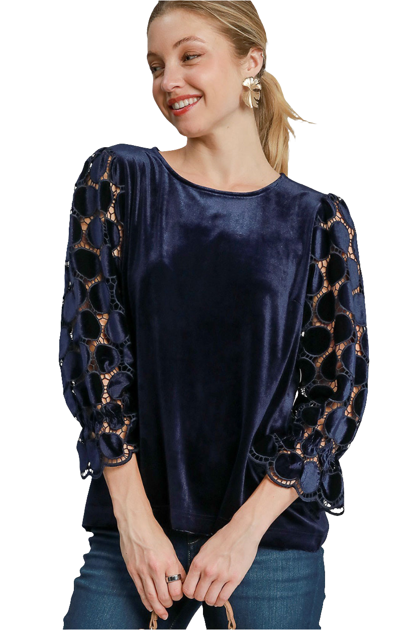 Umgee Lace Velvet Retro Top Sheer Polka-dot Ruffle Long Sleeve Shirt Boho Blouse