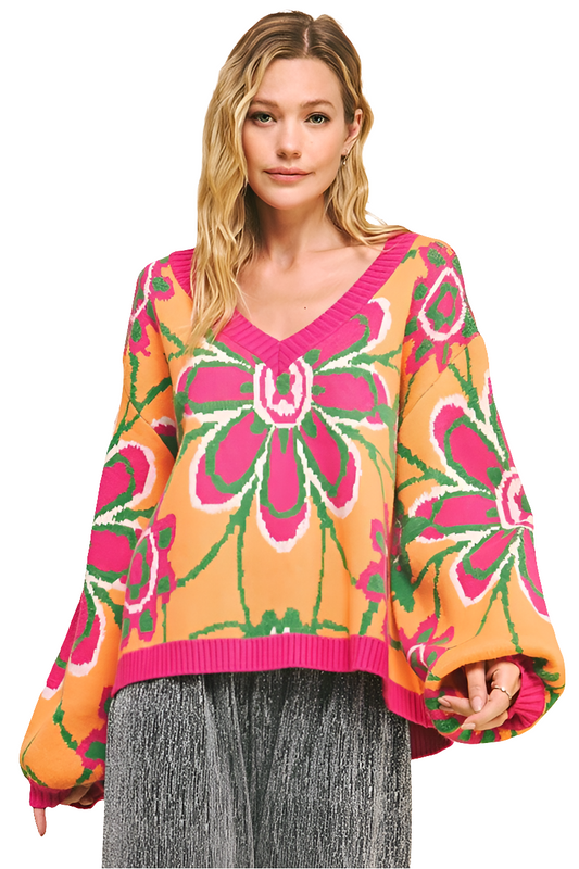 DAVI & DANI Retro Floral Bright Neon Long Sleeve Oversized Pullover Sweater Top