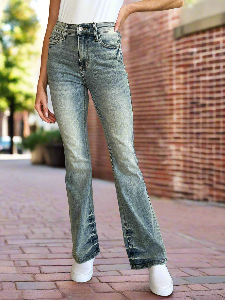 Dull Acid Wash High-Rise Waist Retro Flare Bell Bottom Stretch Skinny Leg Jean Pants Judy Blue