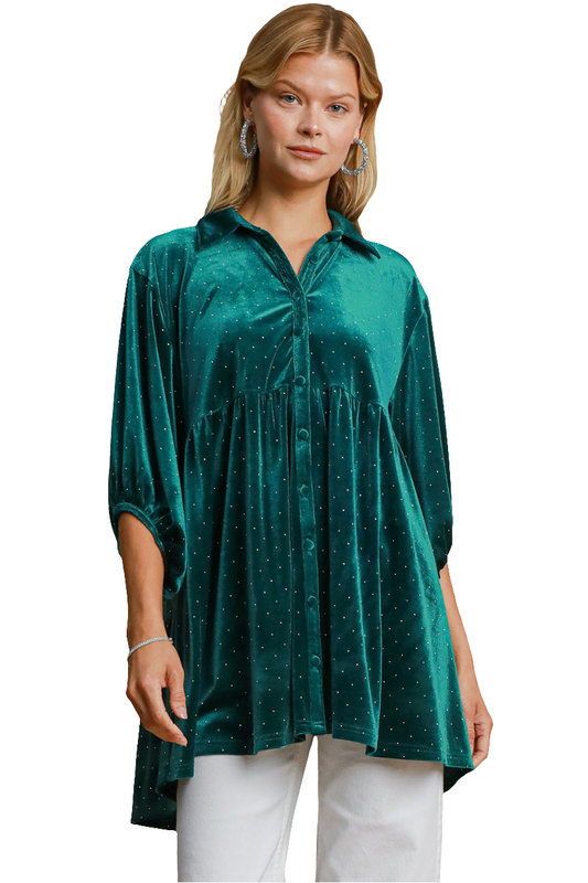 Umgee Velour Polka-dot Boho Oversized Tunic Top Babydoll Shirt Velour Blouse