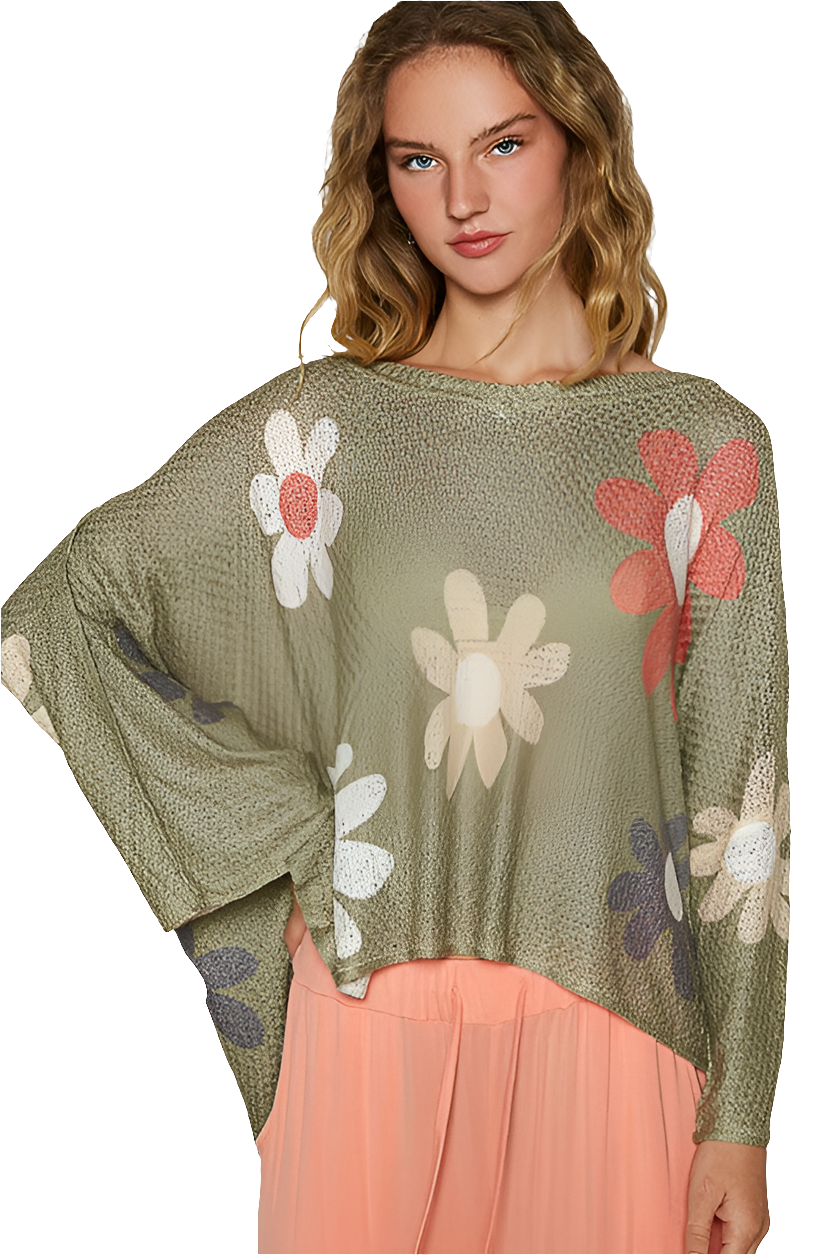 POL Daisy Retro Colorful Contrast Flower Top Oversized Shirt Pullover Knit Sweater