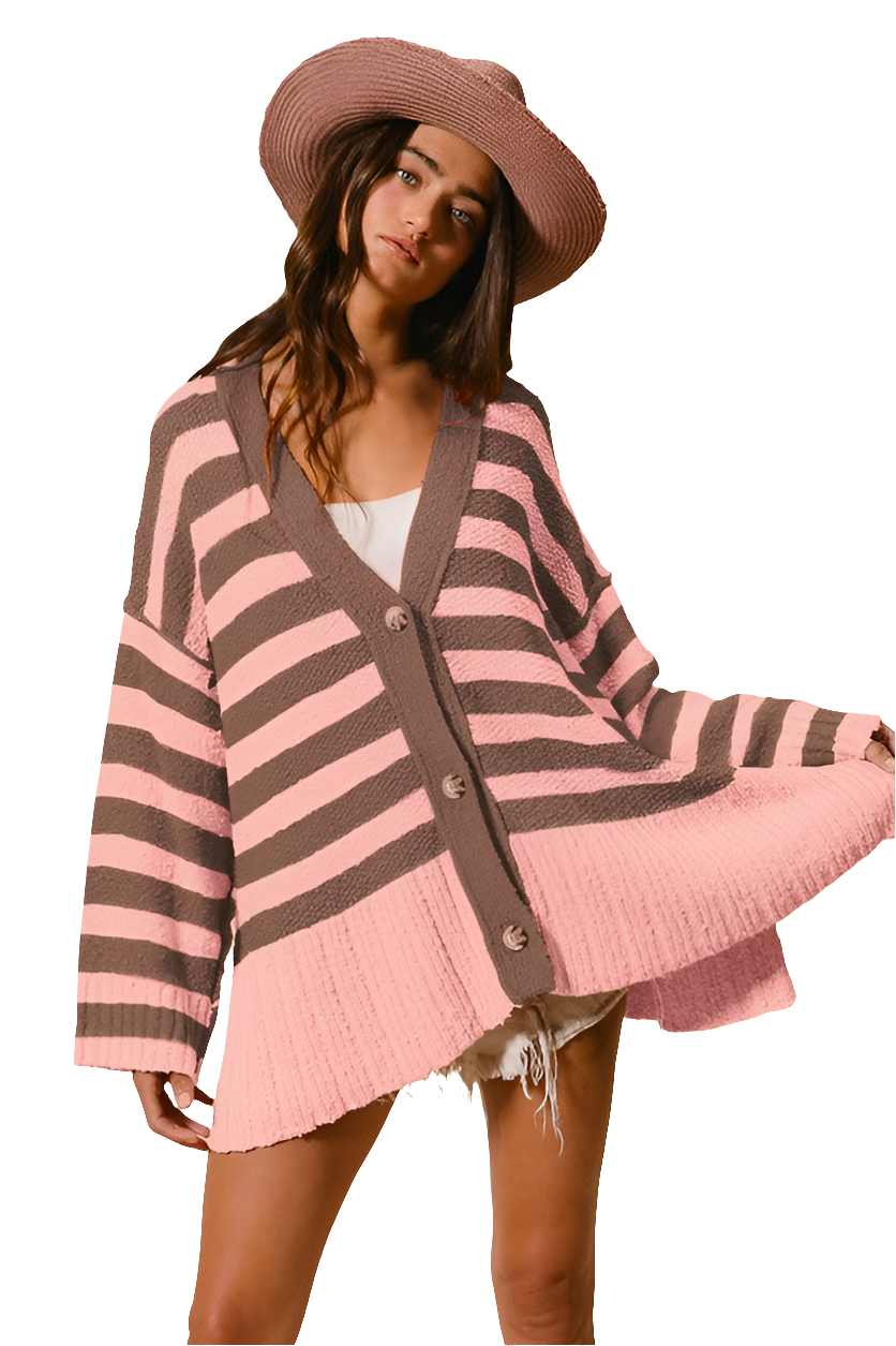 BiBi Oversized Knit Cardigan Slit Side Long Sleeve Stripe Soft Button-Up Sweater